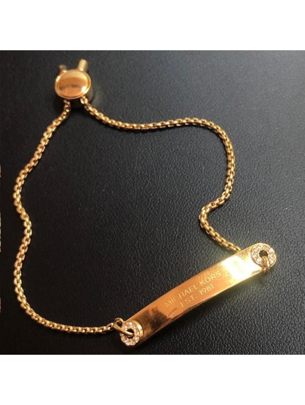 9471 Michael Kors Gold Tone Adjustable ID Bar Bracelet with Crystals